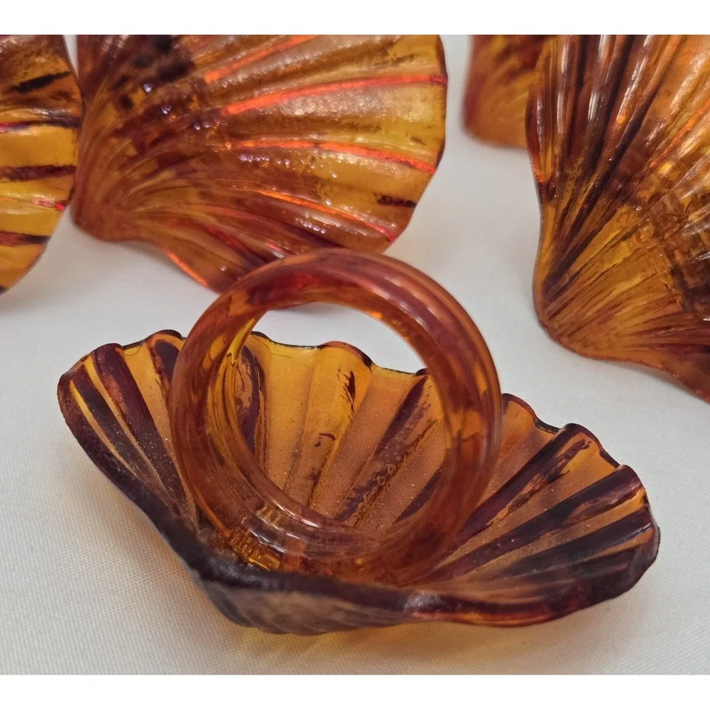 Vintage Amber Tortoiseshell Acrylic Shell Napkin Rings - Set of 10 MCM Scallop